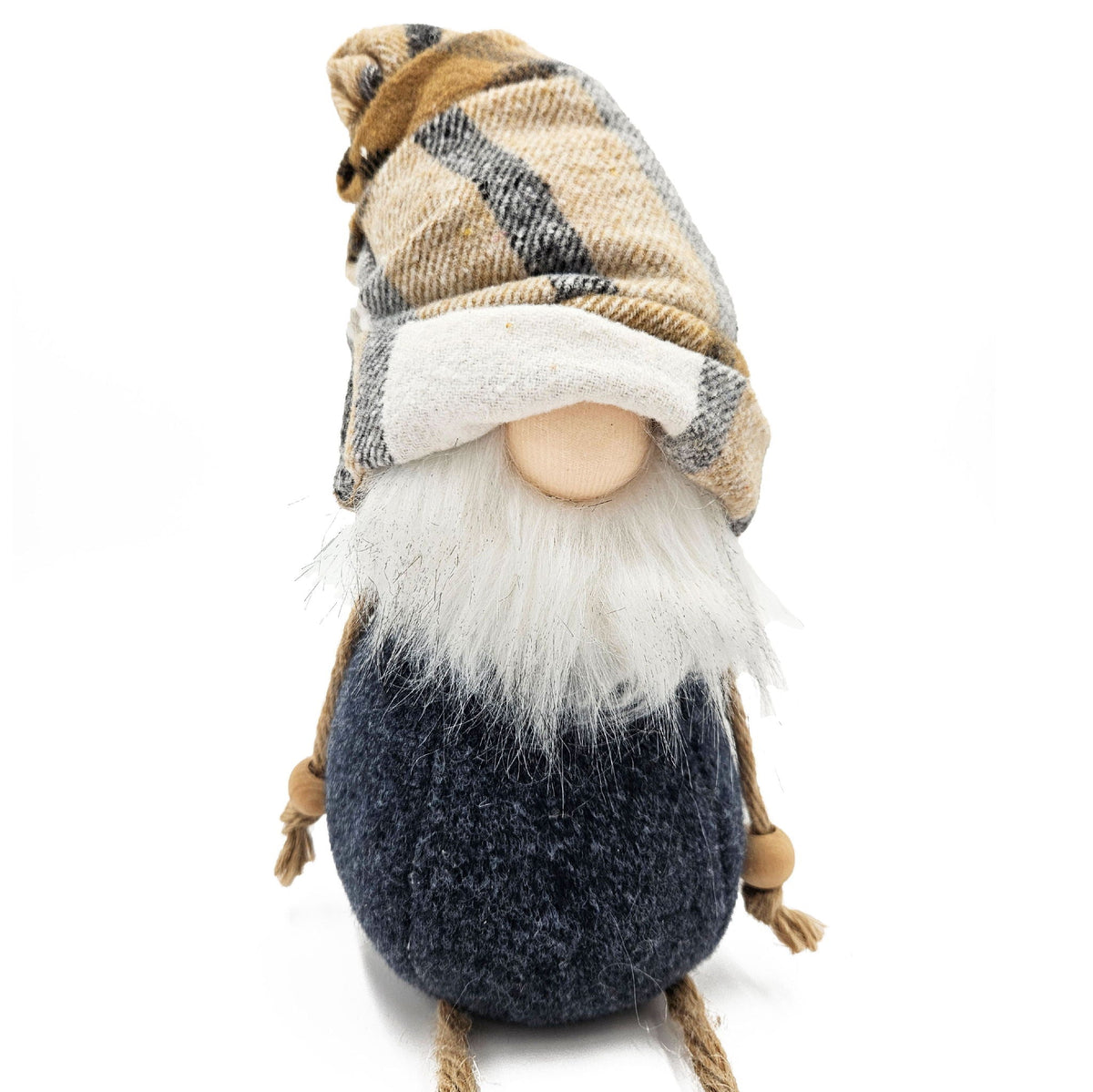 Close-up gnome ornament with plaid cap, white beard, soft navy felt body