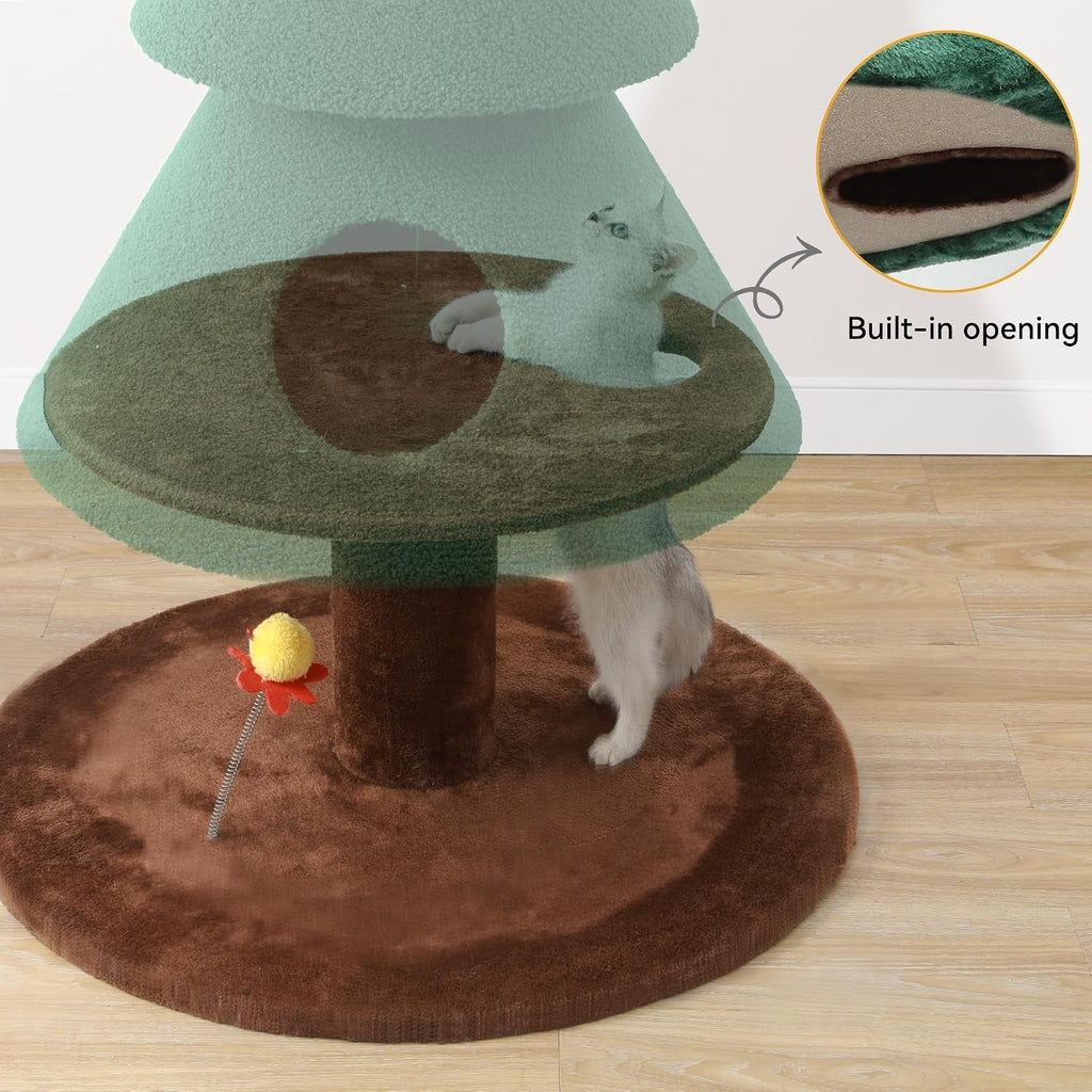 Cat tower with a green enclosed tier, built-in opening, brown post, and plush base