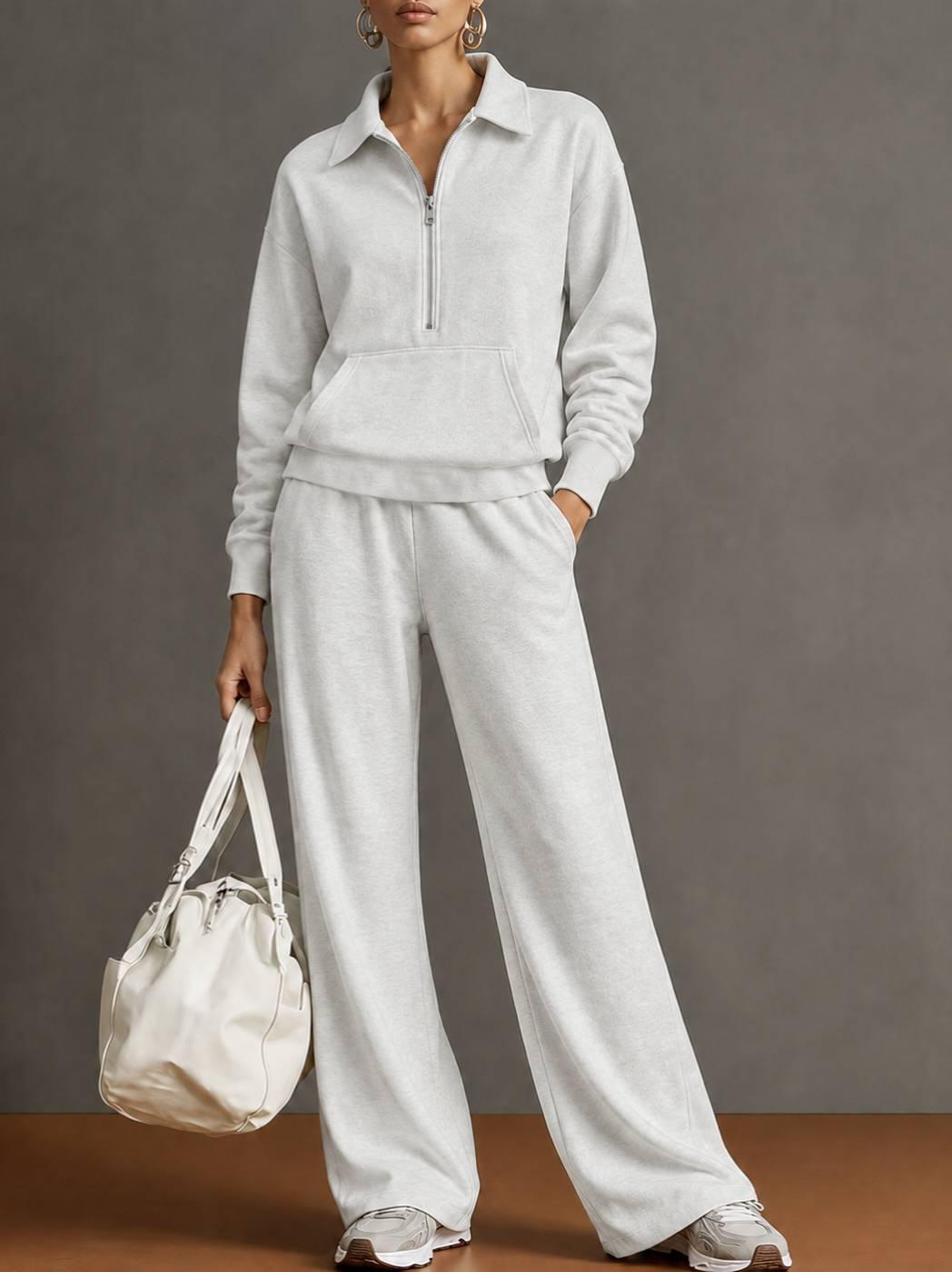Women’s half-zip sweatshirt and wide-leg pants set, light gray lounge outfit