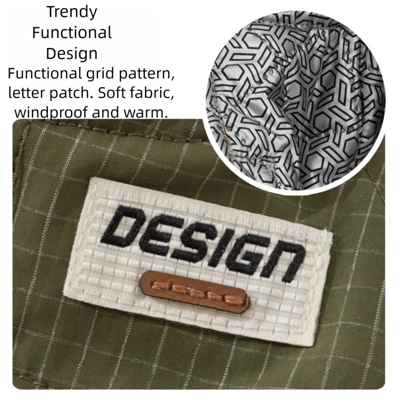 Green plaid pet windbreaker with embroidered “DESIGN” patch and geometric inner lining