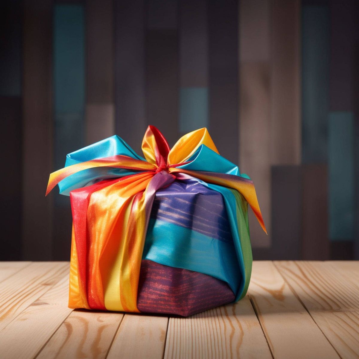 Eco-friendly gift wrap with multicolor ribbon bow and wrapped present
