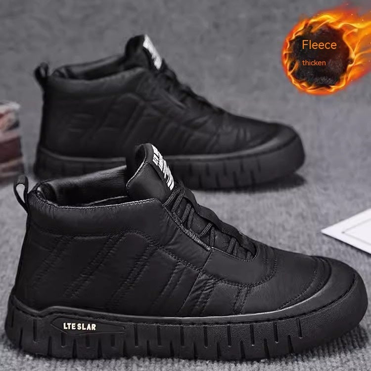 Men's black high-top winter boots, lace-up with quilted upper and thick tread
