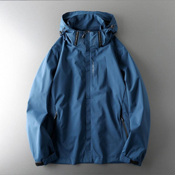 Men's windproof waterproof jacket, blue, hooded front zip with adjustable collar and pockets