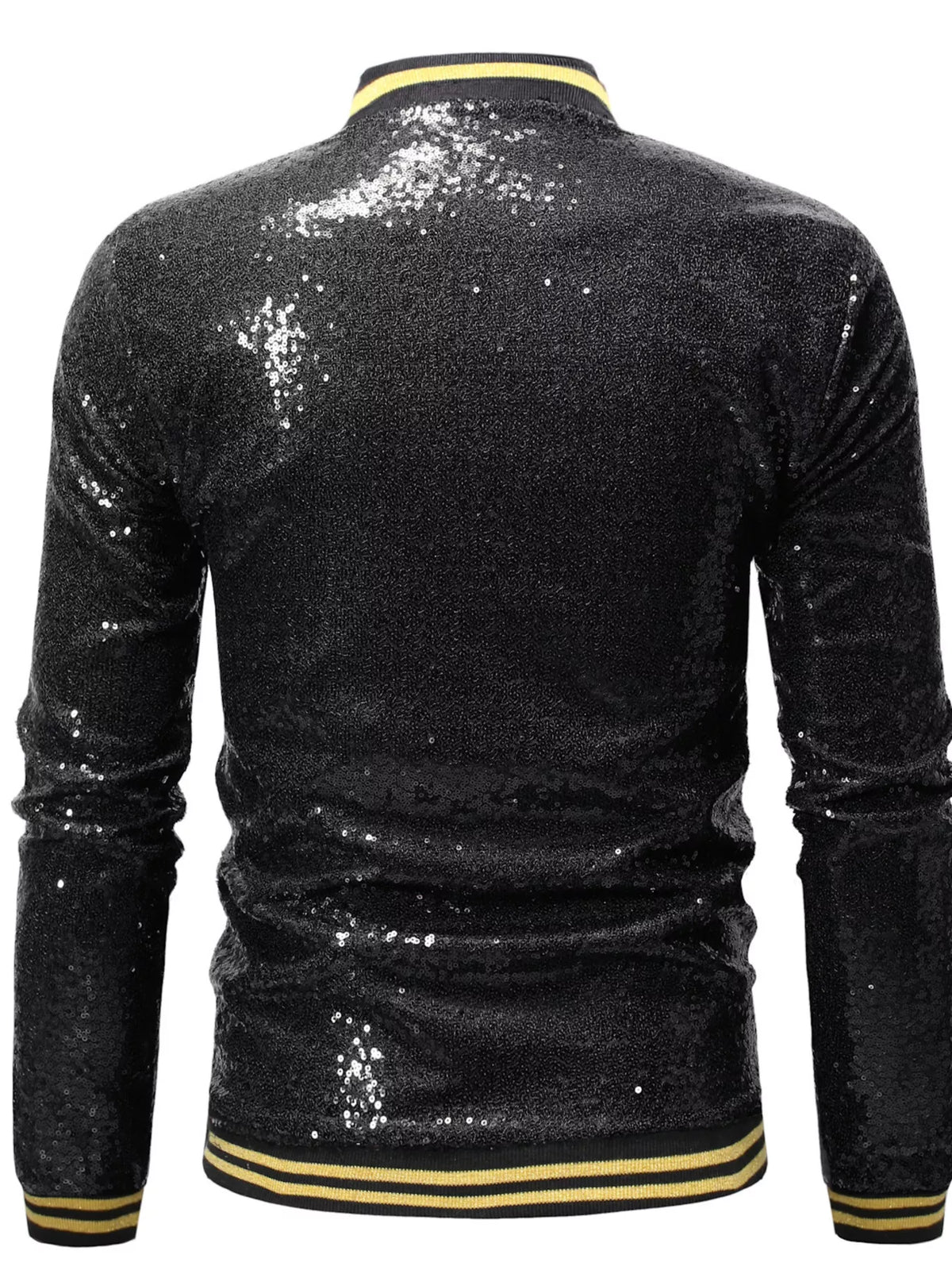 Black sequin zip-up jacket from back view with yellow striped ribbed cuffs