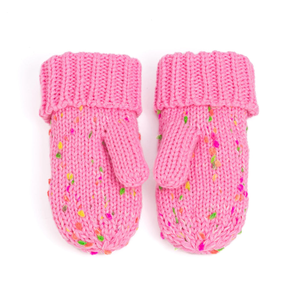 Pink kids speckled knit mittens, pair view, with multicolor dot speckles and ribbed cuffs.