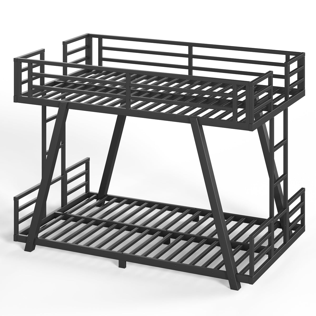 Black metal twin bunk bed with slatted frames, guardrails and angled support legs
