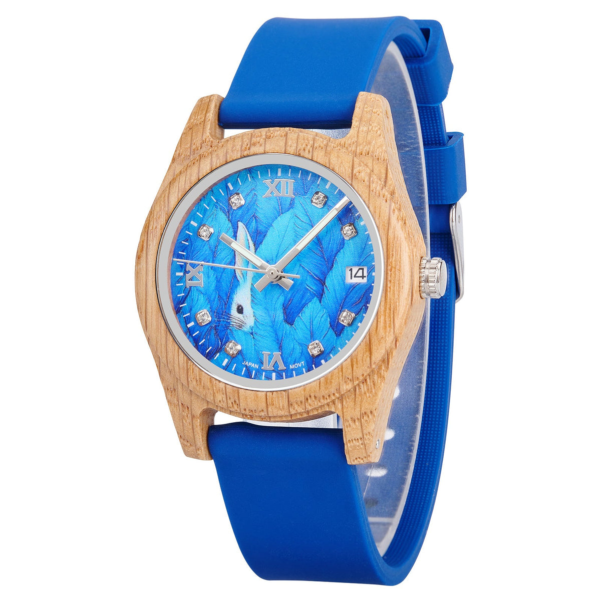 Blue wood wristwatch with roman numeral dial, date window, and blue silicone strap.