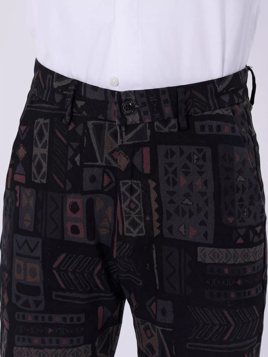 Men's black printed casual pants with button front and patch pockets