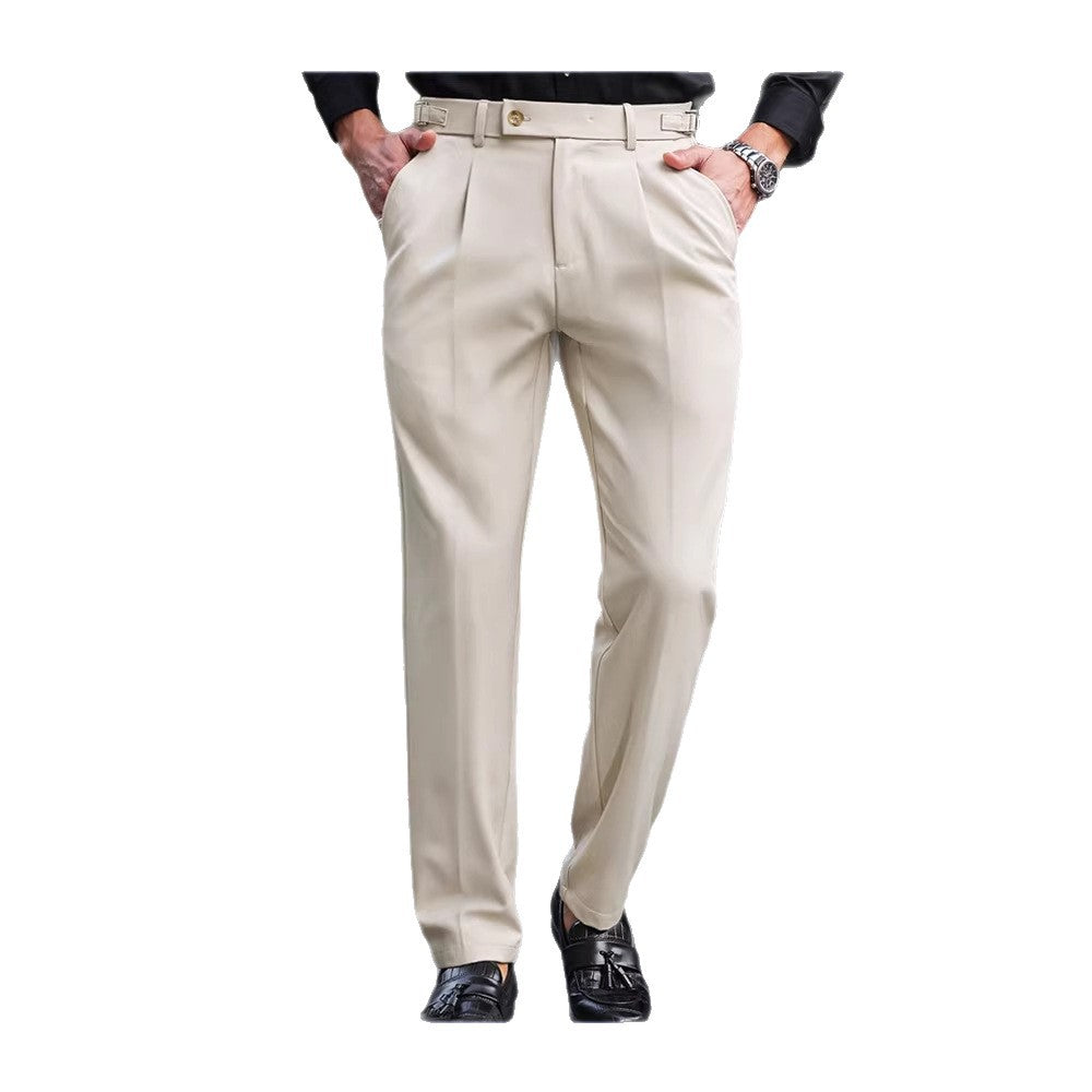 Light beige straight-leg dress trousers with belt loops, button closure, and crease front