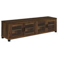 Dark pine TV stand with four doors and open shelf compartments, black feet, metal bar handles