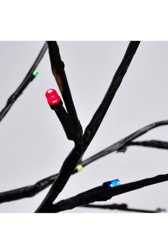 Close-up of black branch wire with small multicolor LED bulbs