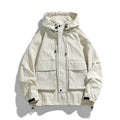 Ivory hooded zip-up work jacket with front pockets and adjustable drawstring hood