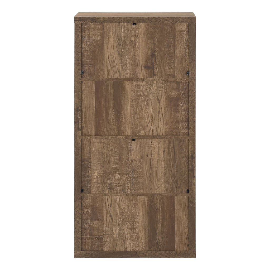 Warm dark brown open-shelf bookcase with tiered compartments and wood-grain backing