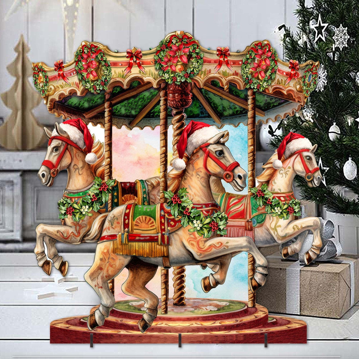 Christmas carousel outdoor decor with three painted carousel horses and lush wreath-style garland