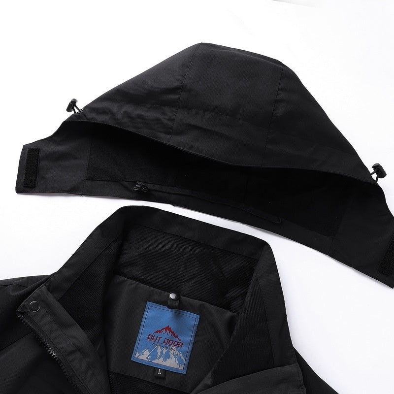Black parka hood and interior lining shown, with inner fabric pocket and tag