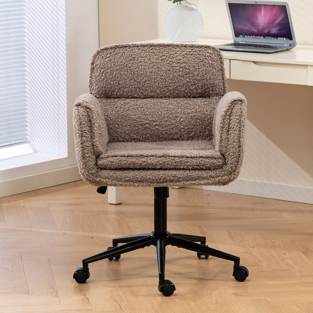 Dark brown textured fabric swivel office chair with armrests and rolling caster base