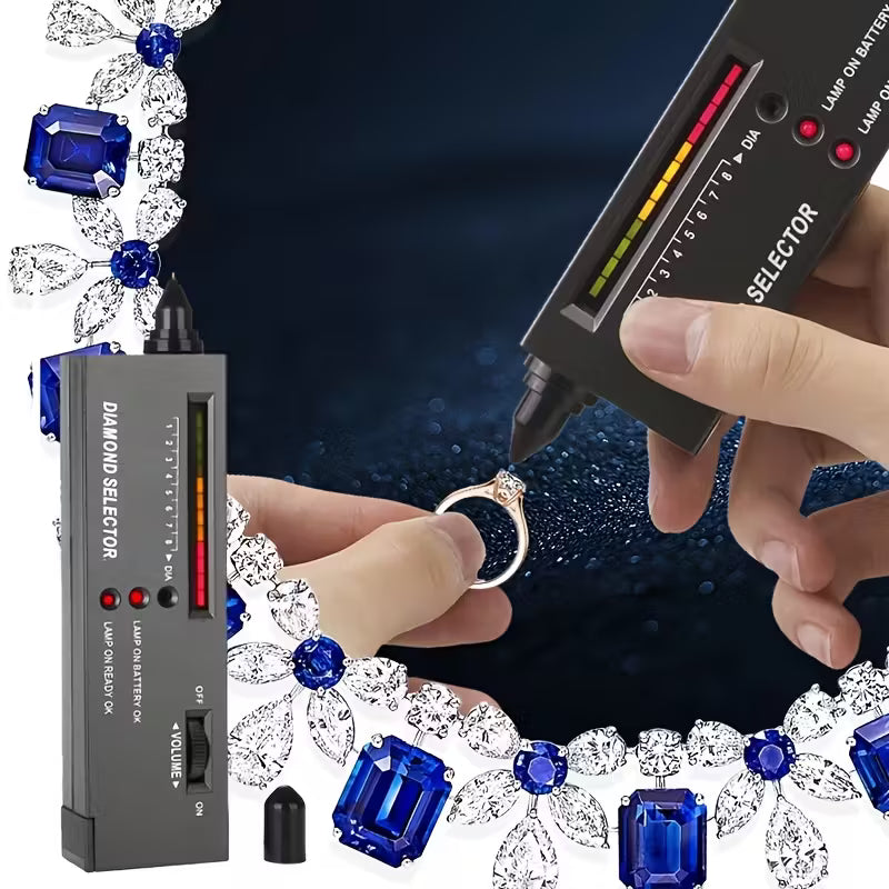 Hand holding black gemstone tester pen beside blue and clear gemstone jewelry