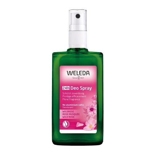 Weleda Wild Rose 24H deodorant spray bottle with pink wild rose label