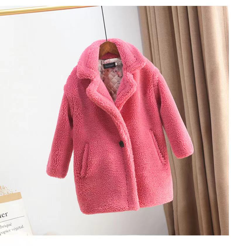 Girls' pink sherpa coat with hood, button front, long sleeves