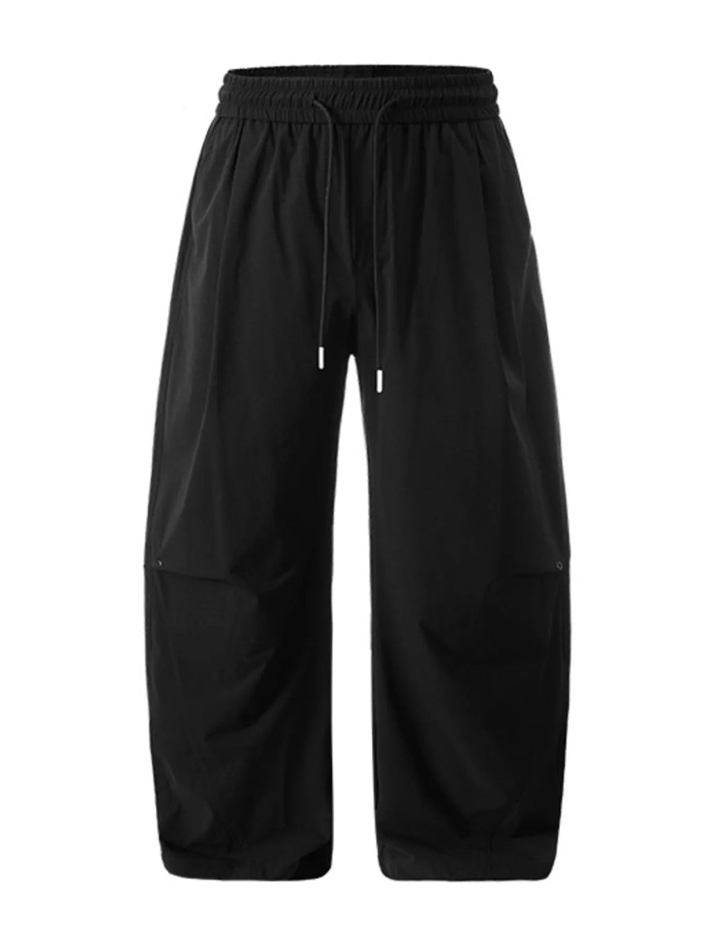 Black loose-fit casual pants, elastic waistband with drawstring and relaxed wide legs.