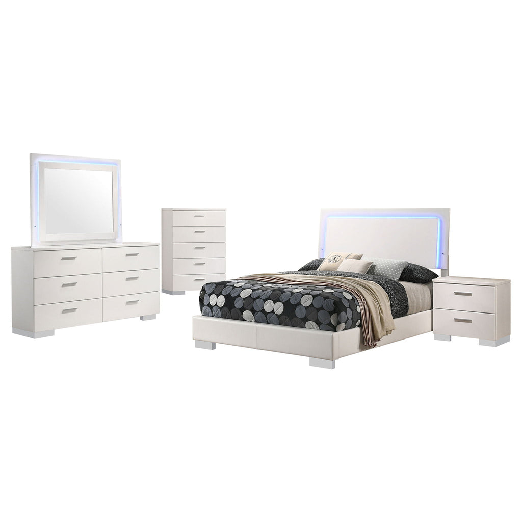 White high-gloss bedroom set with bed, dresser, and two matching nightstands