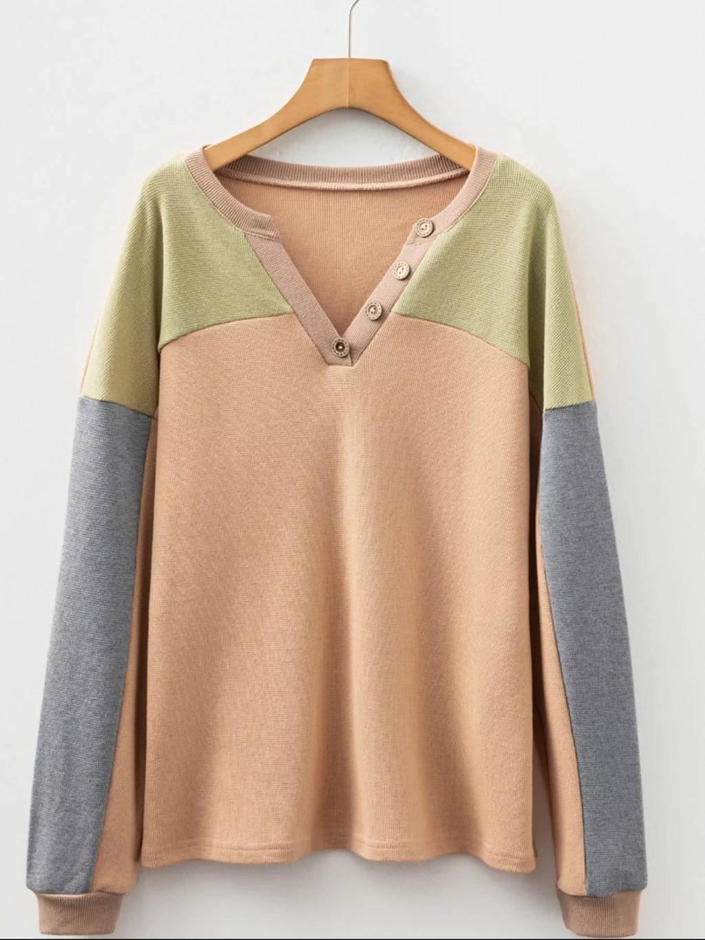 Color block thermal henley top on hanger: camel body, green yoke, gray sleeves