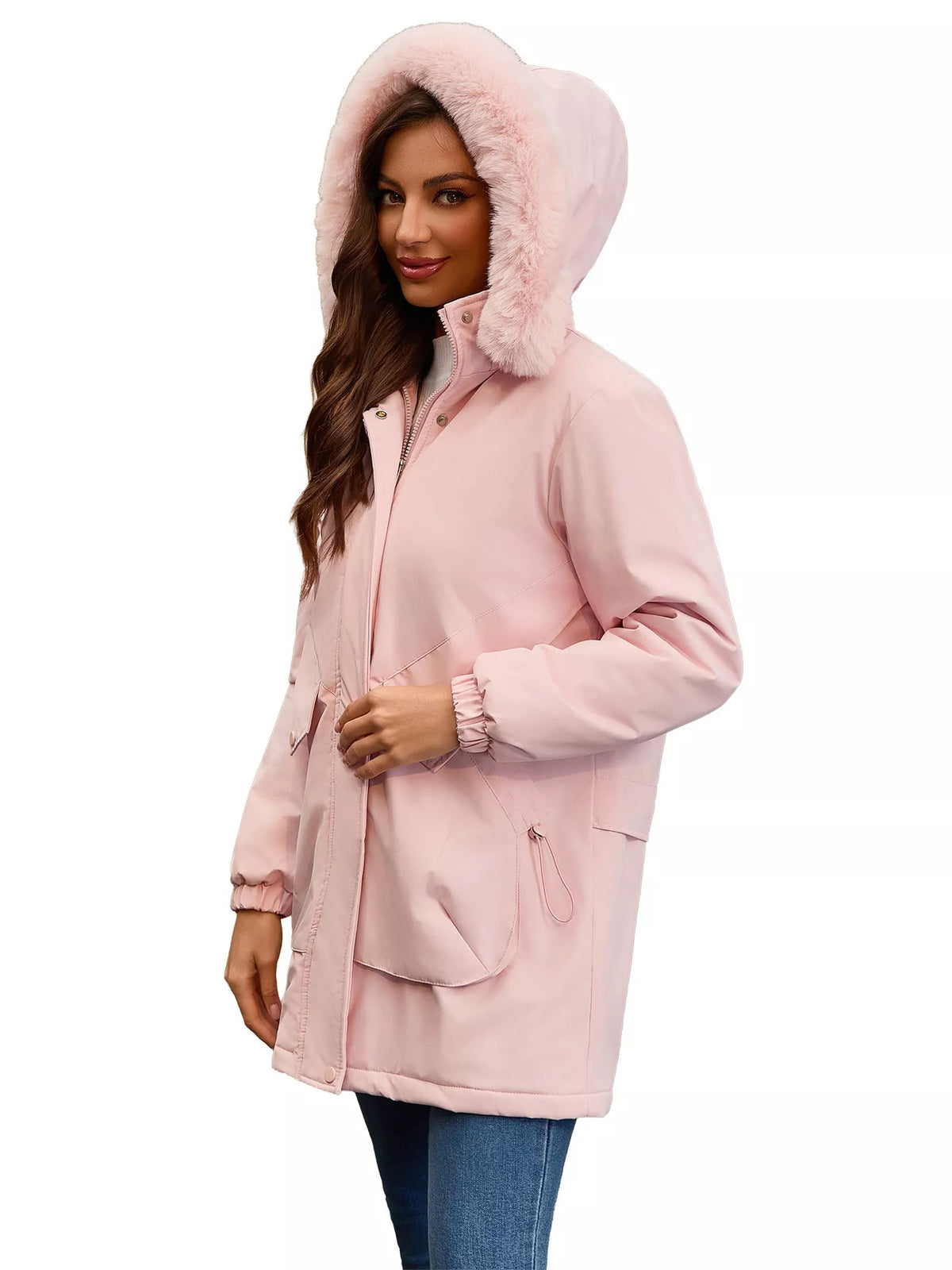Pink fur-trim hooded parka with front zip and large cargo-style pocket