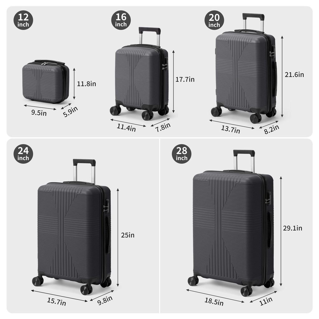 5-piece luggage set size diagram with stacked suitcase views