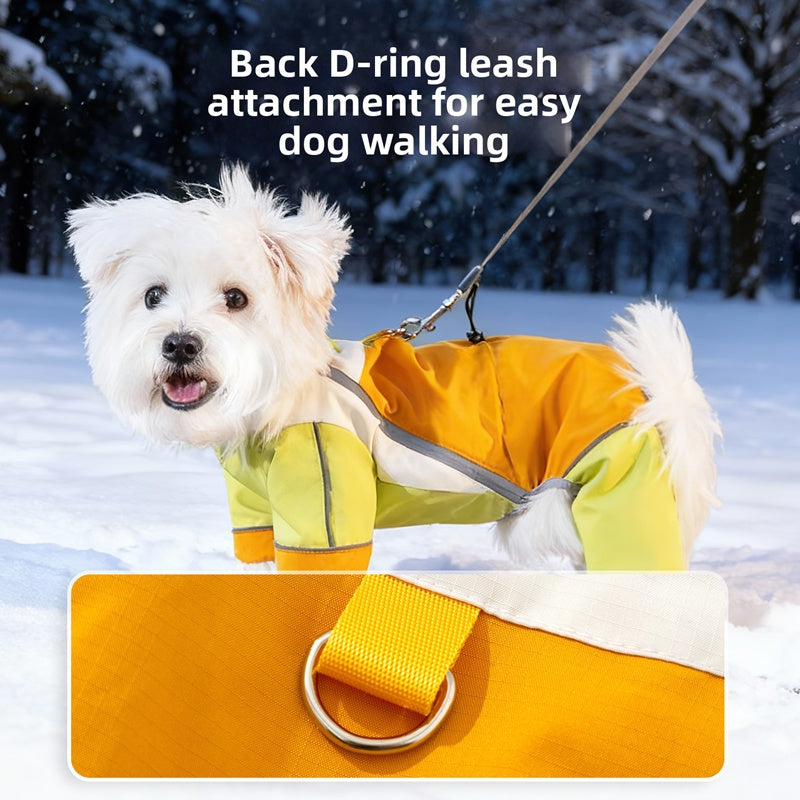 Waterproof dog jumpsuit in yellow and green with D-ring leash attachment