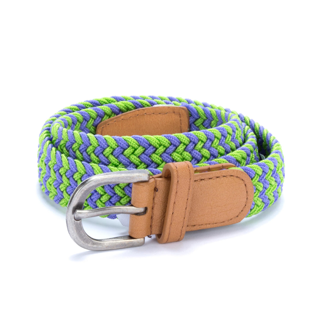 Stretchy leather belt for boys, green-and-blue braided elastic strap with silver buckle.