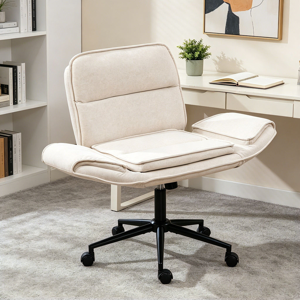 Beige fabric swivel desk chair with adjustable armrests and wheeled base