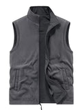 Men's grey fleece-lined zip-up vest with stand collar and front flap cargo pockets