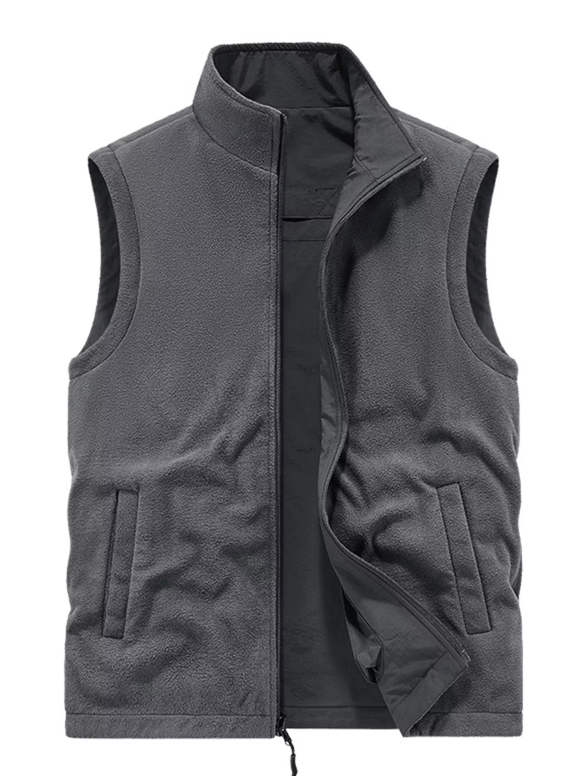 Men's grey fleece-lined zip-up vest with stand collar and front flap cargo pockets
