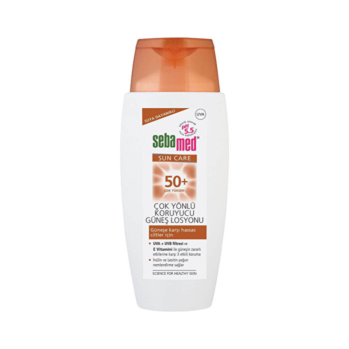 Sebamed SPF 50+ sun care lotion bottle with orange cap