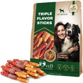 Triple flavor dog treat sticks pack with rawhide chews and two-dog photo on front