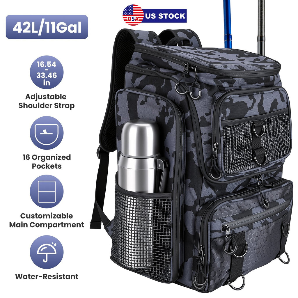 Camo fishing tackle backpack with rod holders, mesh front panel, and adjustable shoulder strap