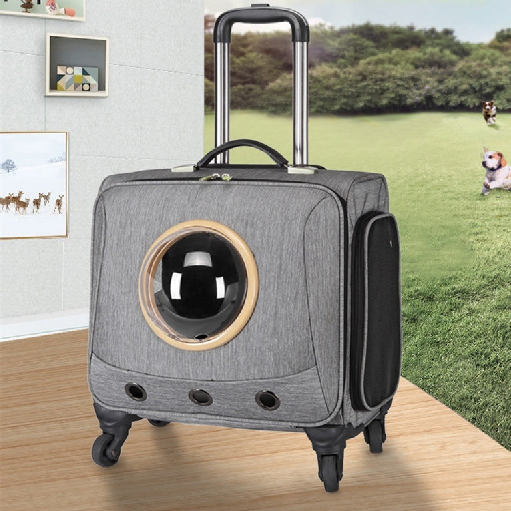 Light gray wheeled pet travel carrier with transparent bubble front window and pull handle