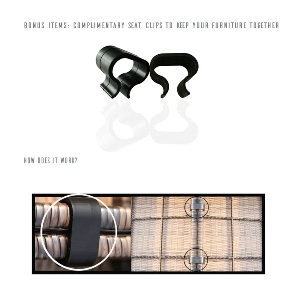 Wicker sofa seat clips set shown with black and silver pieces diagram