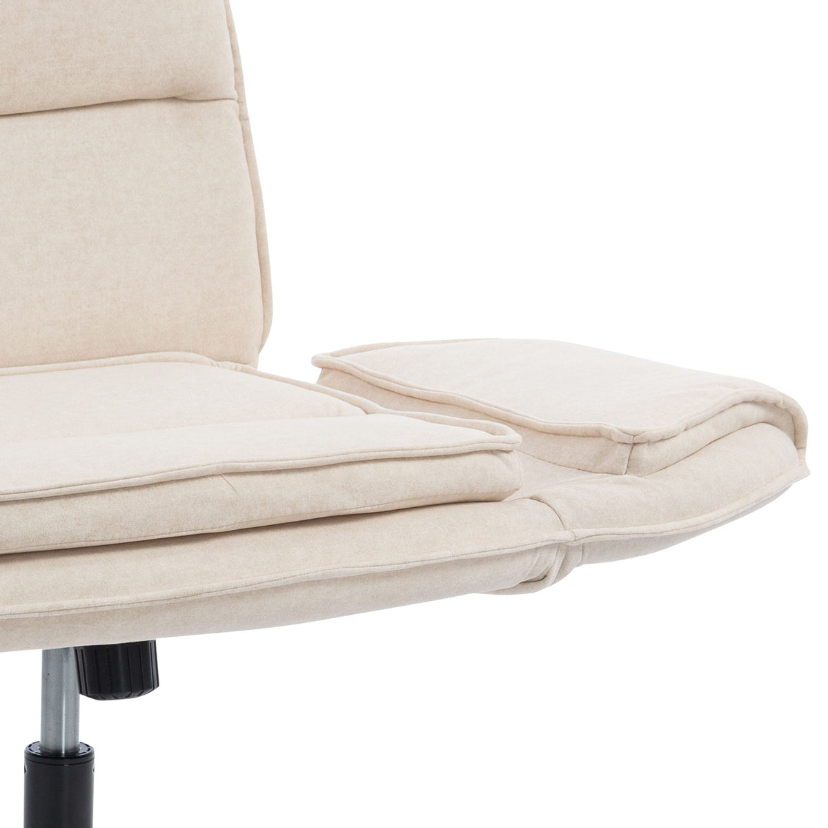 Beige fabric desk chair seat with padded armrests and front edge stitching