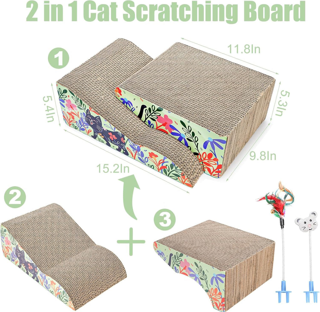 Two-in-one cat scratcher with curved and flat cardboard pads and toys