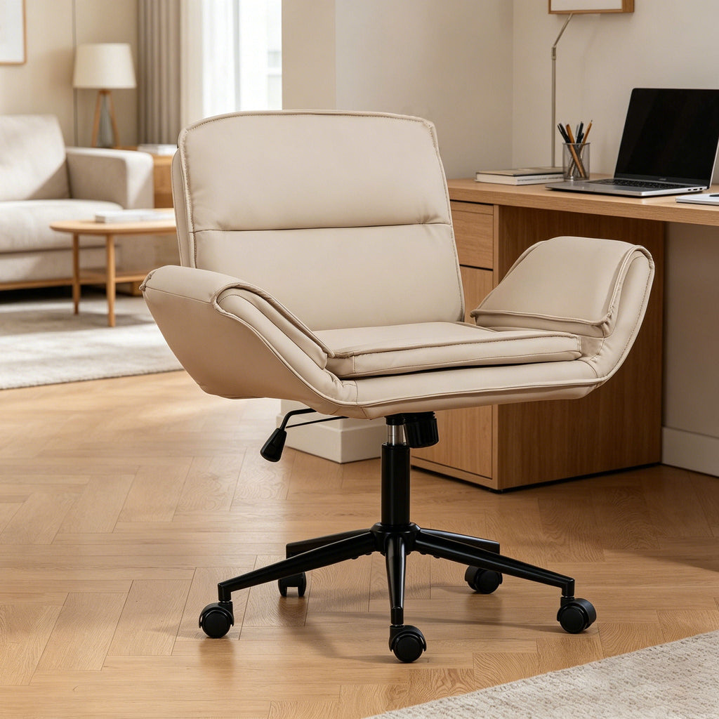 Beige fabric swivel desk chair with adjustable armrests and rolling base