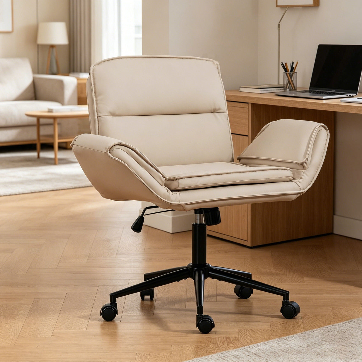 Beige fabric swivel desk chair with adjustable armrests and rolling base