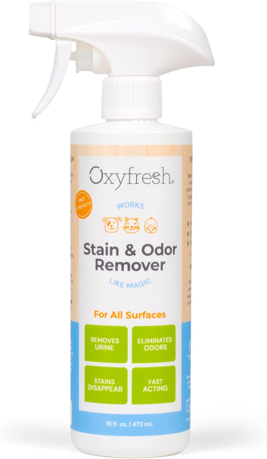 Oxyfresh stain and odor remover in a white trigger spray bottle