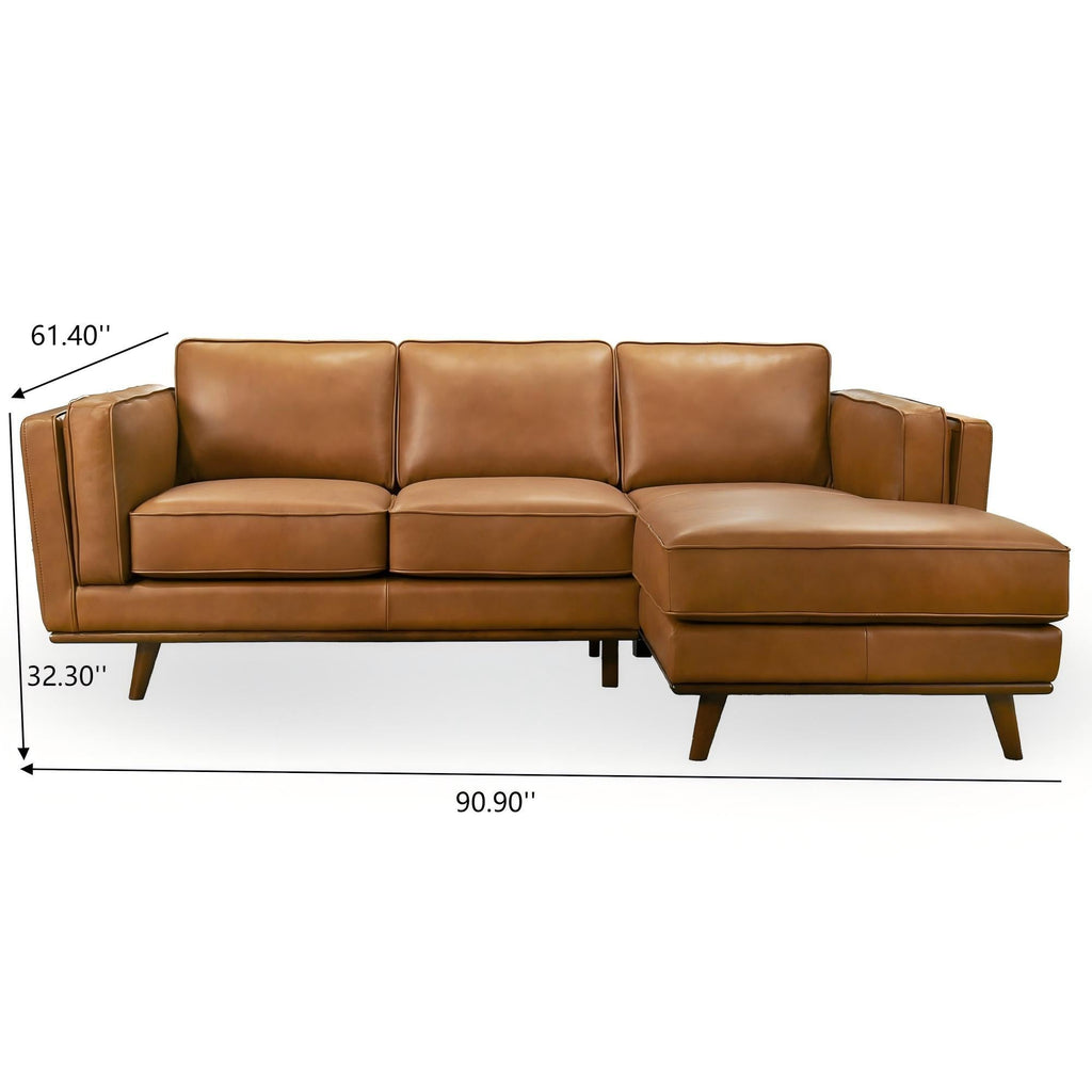 Light brown sectional sofa with size callouts: 90.90"W, 61.40"H, 32.30"D