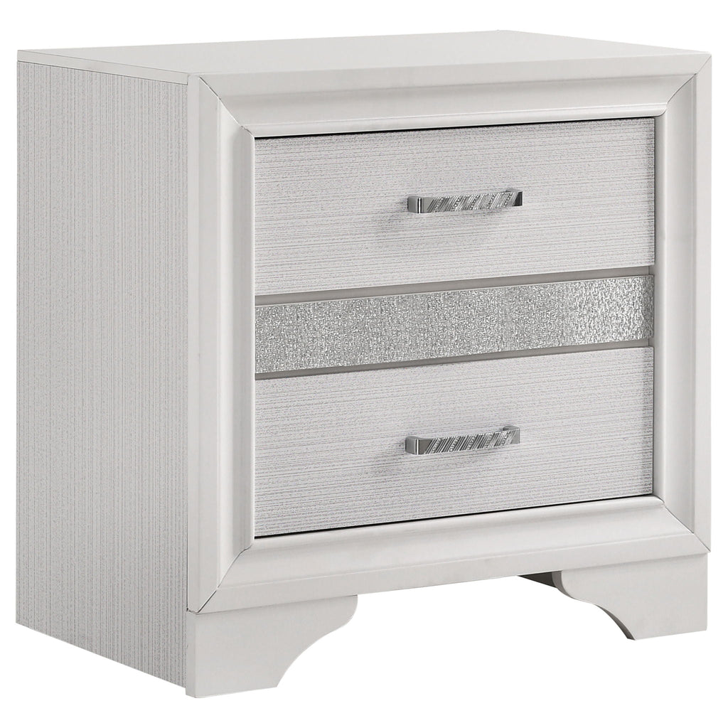 White nightstand with two drawers, silver bar pulls, textured front panel