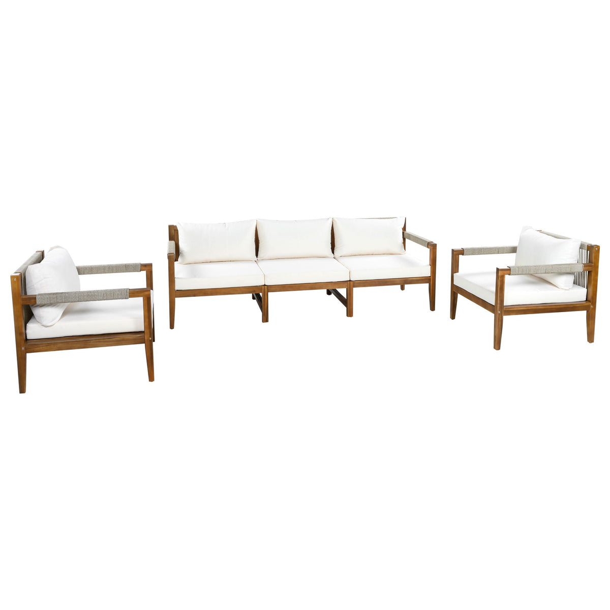 Outdoor sectional sofa set with acacia wood frame, light beige cushions and two side chairs