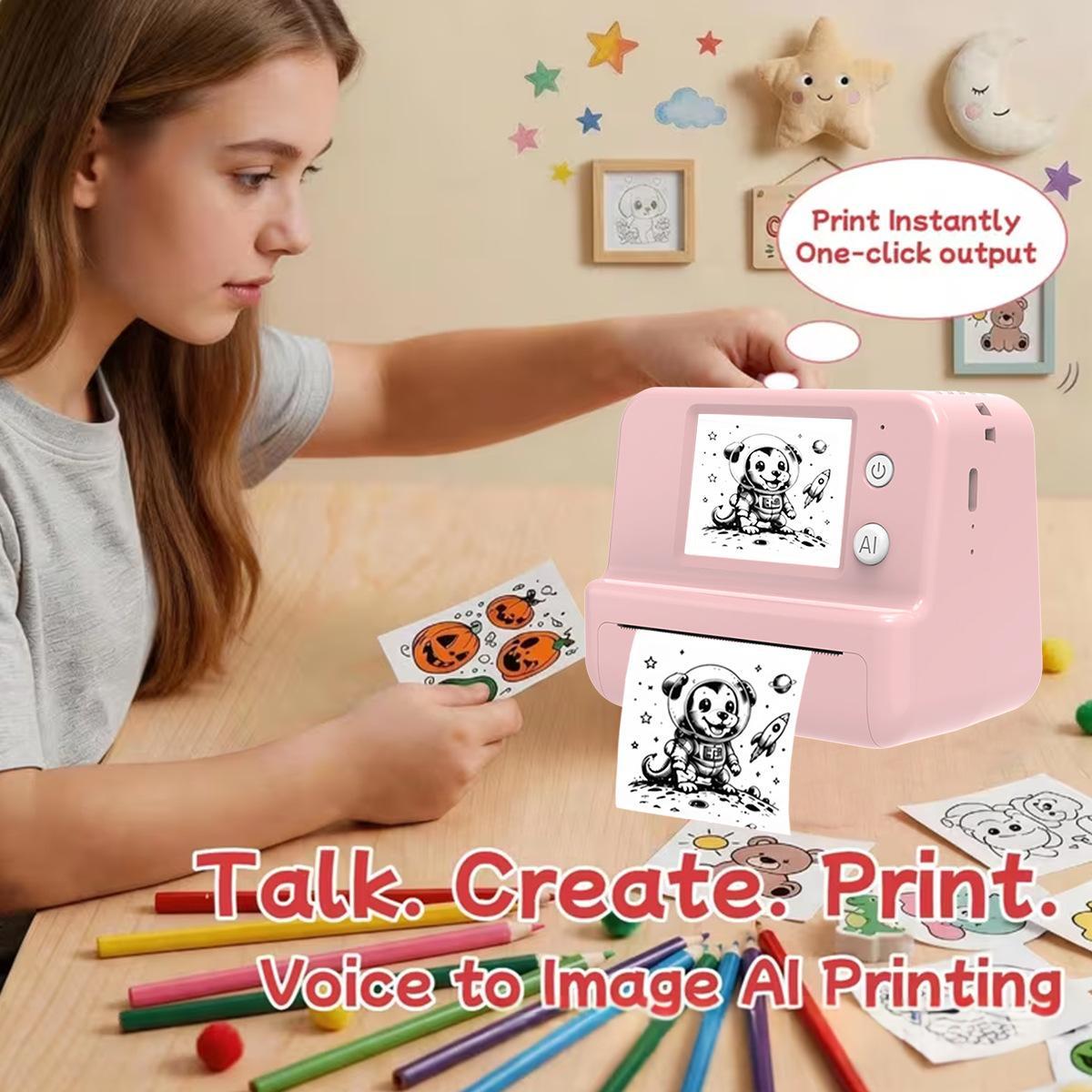 Pink AI doodle thermal printer with screen and pocket-size design