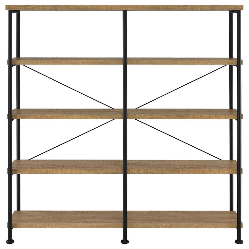 Front view of 4-shelf bookshelf with black frame and mango wood shelving
