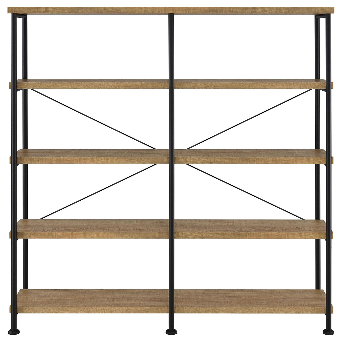 Front view of 4-shelf bookshelf with black frame and mango wood shelving