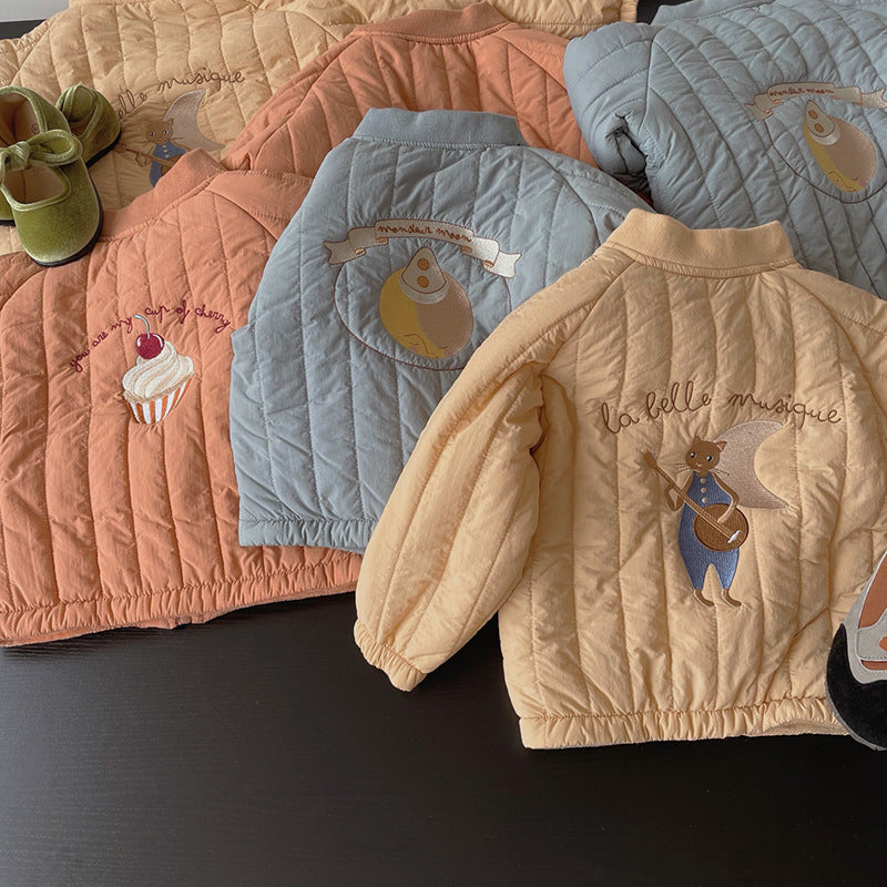 Plush cotton boys jacket, quilted with animal and cupcake applique, front button style